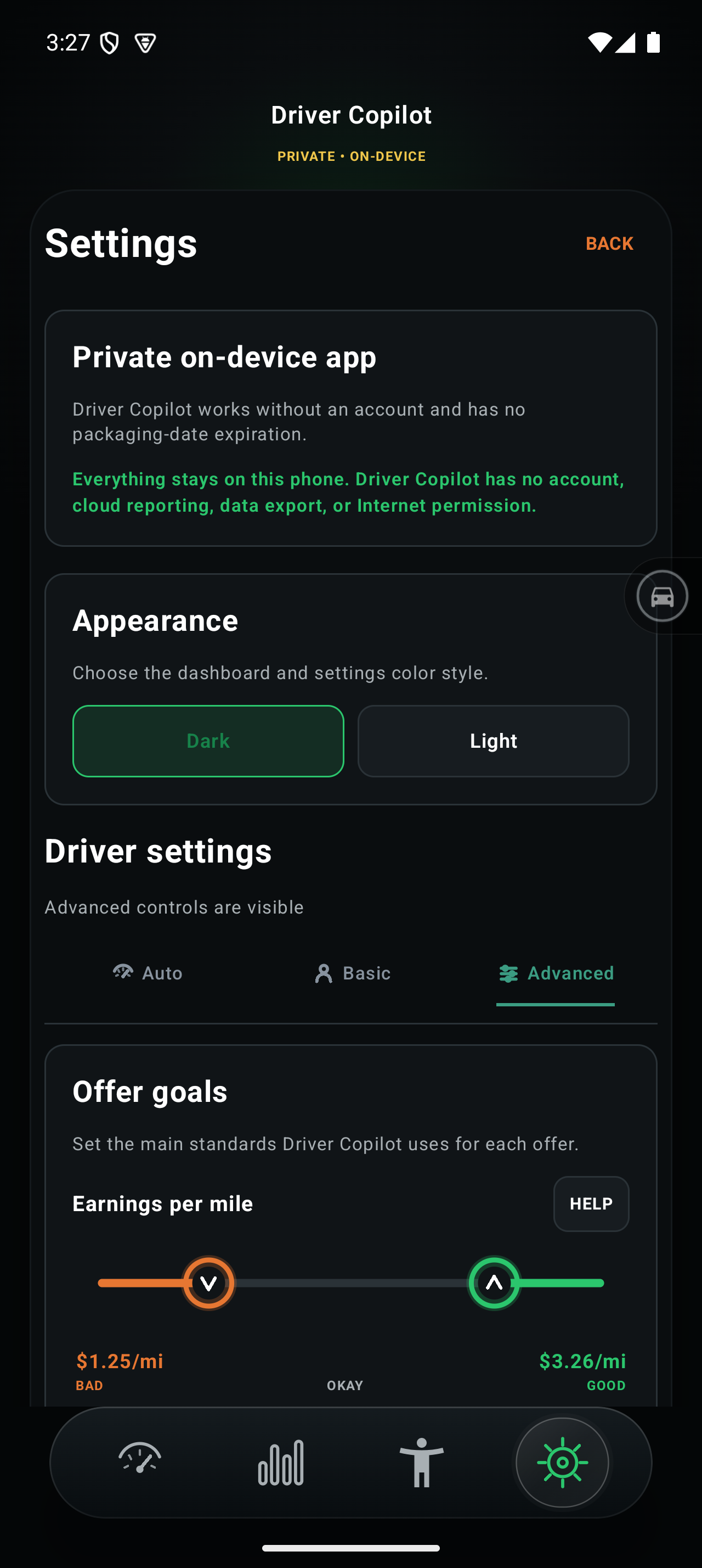 Drivers Copilot Settings screen with local data controls