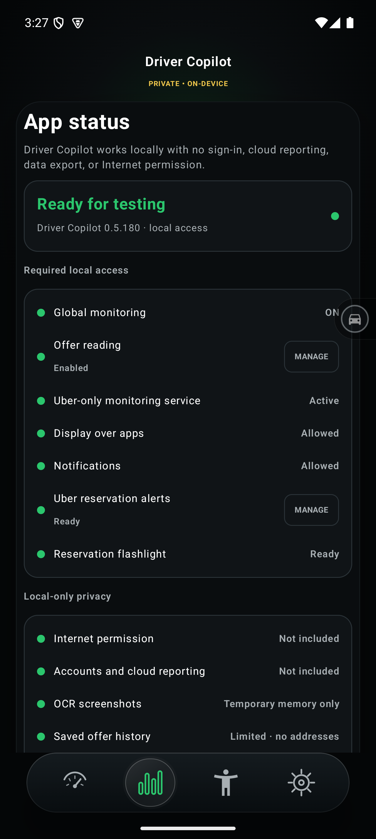 Drivers Copilot Status screen showing local-only privacy controls